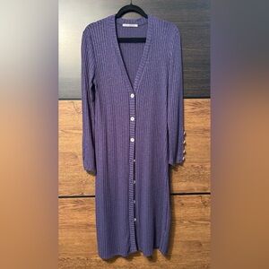 Coin 1804 Navy Ribbed Semi-Sheer Button-Down Long Cardigan Duster